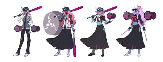 An image of Mako's concept art. There are four designs in total. The first has her wearing a hat, jacket, fingerless gloves, and pants with a floating drum on each side of her and a baseball bat in her hand.The second is similar to the first, but with a bra instead of a shirt, an open jacket, a skirt, longer hair, and two baseball bats with a single, larger drum. The third is similar to her final design, with the only differences being her shoes and the color of the ribbon around her neck. The fourth design has her wearing sunglasses propped up on her forehead, longer and white hair, and drumsticks instead of baseball bats.